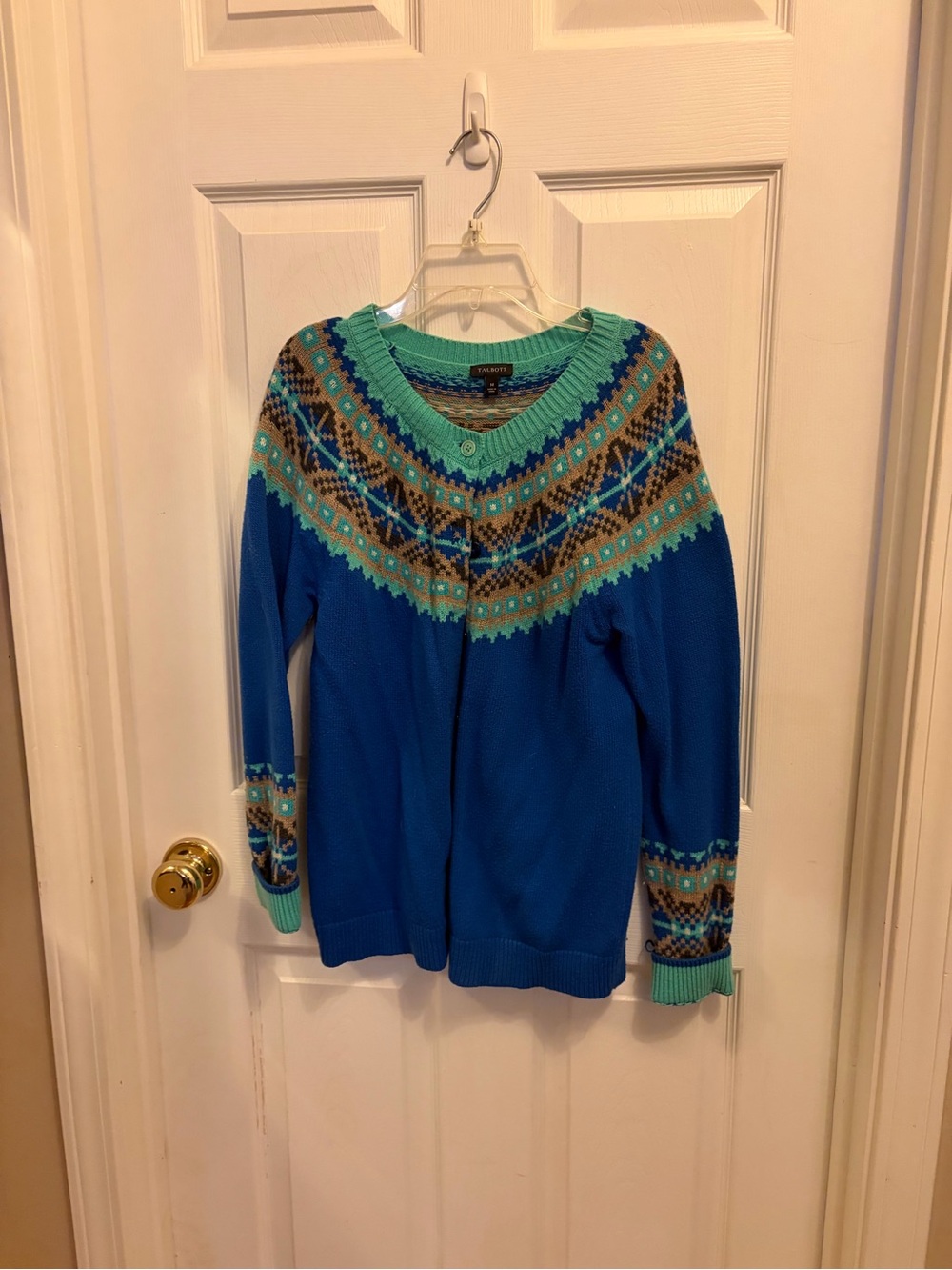 Talbots Bright Blue Fair Isle Crewneck Cardigan with Aqua Trim